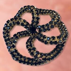 Vintage Black Rhinestone Dome Shape Goldtone Setting Brooch